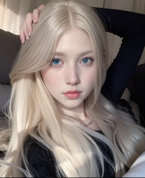 Blond haired girl with long hair and blue eyes sitting on a sofa, very very pale blond hair, pale porcelain white skin, extremely pale blond hair, pale glowing skin, pale hair, pale fair skin!!, com longos cabelos loiros, ivory pale skin, her hair is white...