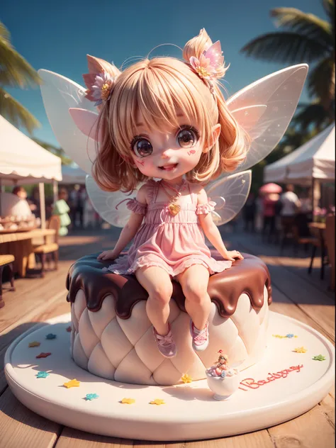 Cute baby chibi anime,(((chibi 3d))) (Best quality) (Master price)、(Chibi Fairy:1.3)、Sit on the cake、Open your mouth and smile、Jewelry decoration clothing，Festival background、Heart Mark、happy birthay、