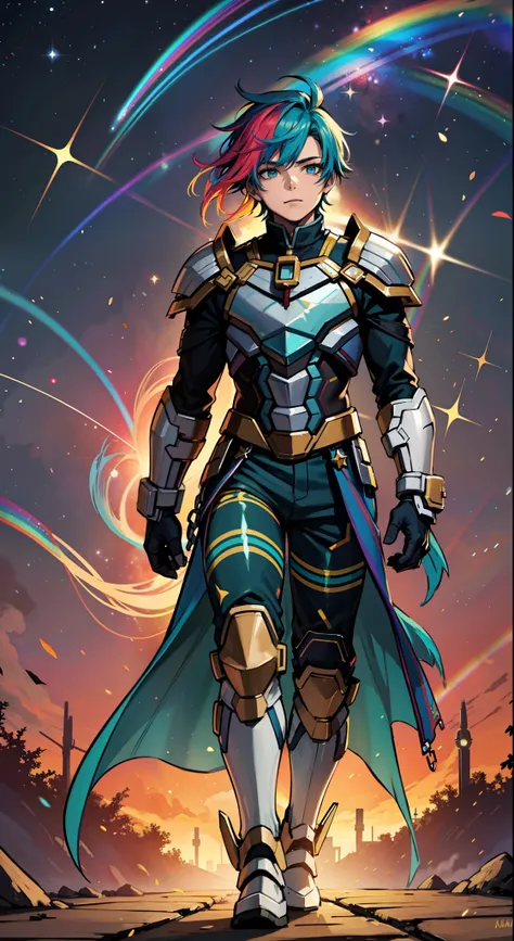 a boy with rainbow colored hair and rainbow teal armor, walking in the stars, rainbow colored cosmic nebula background, stars, galaxies