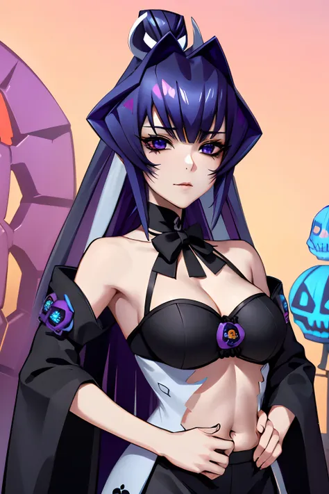 meiya mitsurugi vestida como una catrina, anime girl with long purple hair and skull makeup in front of a background, el dia los...