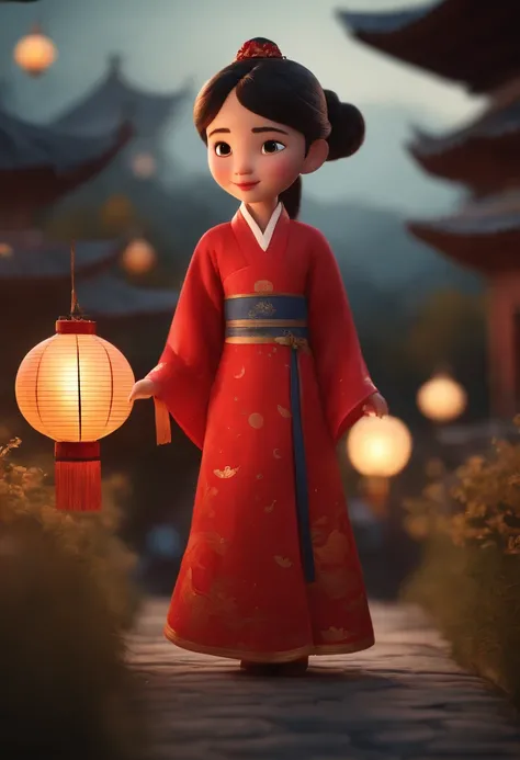 Super cute little anthropomorphic，Wearing a red Chinese Hanfu in Pixar style, shes a princess，she is walking，Ela olhou em volta，Apreciando a Paisagem，She loves the mid-autumn festival celebrations，The background is a starry sky and a full moon， Olhos grand...