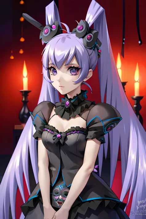 kasumi yashiro vestida y maquillada como una catrina, anime girl with long purple hair and skull makeup in front of a background...