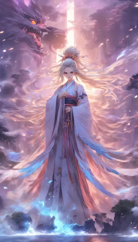 China style，中景 the scene is，The Taoist priest stood in front of a huge transparent Chinese sword，angel girl, Girl vs,full body Esbian,White color hair, Ancient white clothes, Devilish white tail，There are hairs at the ends,,,,, white skinned, big white win...