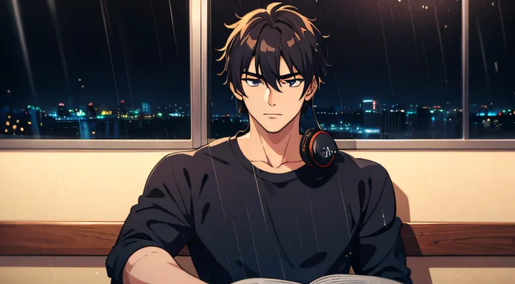 anime style of a 16 year old boy , he is listening to music at a cafe he is reading a book, wearing headphone , night, rain, dark, the boy is very handsome, his face has perfect ratio, very short hair, big beautiful yet masculine eyes, he is shy, stunning ...