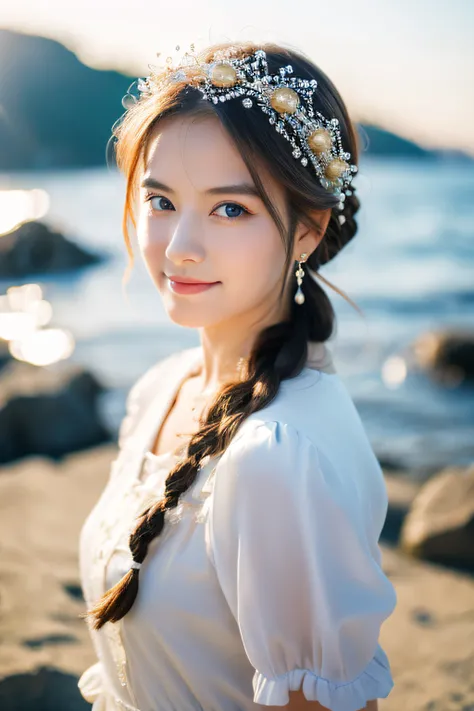 ,((Best Quality))),8K,((masutepiece)),(Very sophisticated、Beautiful fece), There is a girl coming out of the sea, Swan princess in Russian mythology, Beautiful calm face, Blue eyes, Braided long blonde hair, Moon braided hair on the back of the head, White...