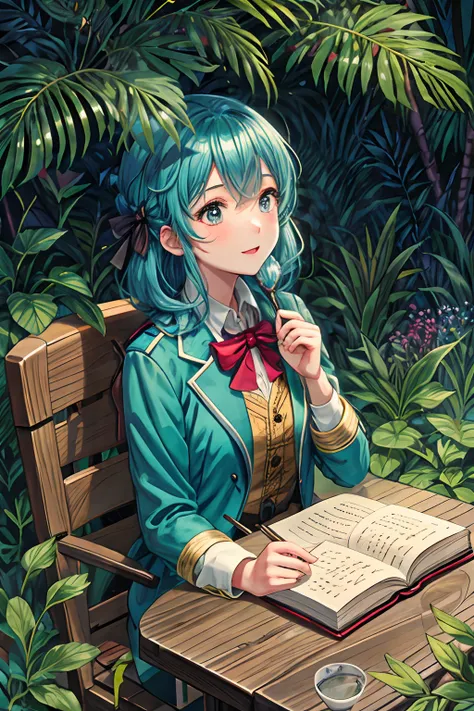 a girl， blue hair， leprechaun， in the forest， celebration