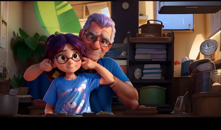 Marina is a 3-year-old girl with pink hair and brown eyes. Shes wearing a blue T-shirt and white shorts...... Shes hugging her father, um homem alto, nem magro nem gordo, with a shaved head, wearing prescription glasses and a very large beard. Marinas fath...