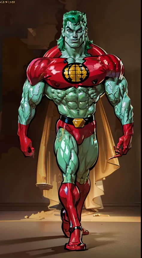 captain planet, design sheet, ((thin jaw)), captain planet, blue face, colored skin, (slendered abs), green hair, masterpiece ,muscular, (veiny biceps:1.1), big arms, chiseled chest, detailed , shiny skin, powerful, godlike