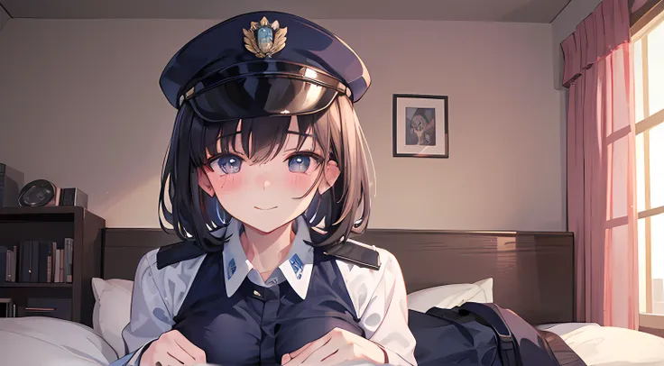 1 police woman, 1 doctor, smiling, pervert facial expression, blush on their face, normal breast, sitting on the bed, looking at the camera, fullbody, detailed eye, detailed face, bedroom, dramatic lighting, ufotable artsyle animation