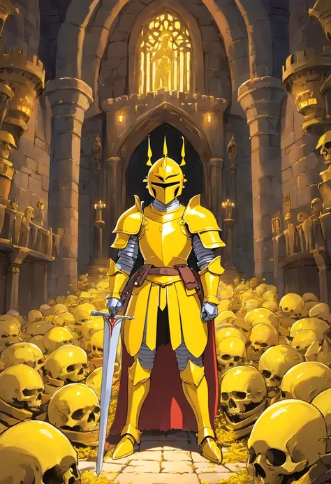 A knight in glowing yellow armor in a castle surrounded by dead bodies