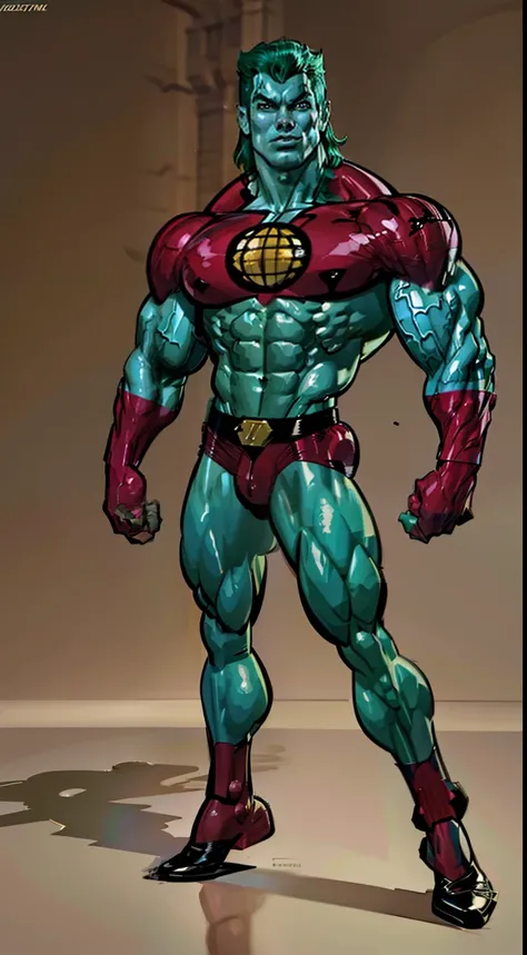 captain planet, design sheet, ((thin jaw)), captain planet, blue face, colored skin, (slendered abs), green hair, masterpiece ,muscular, (veiny biceps:1.1), big arms, chiseled chest, detailed , shiny skin, powerful, godlike