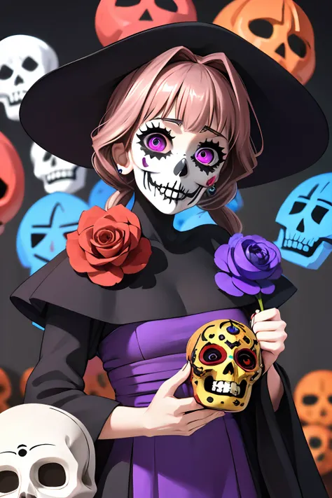 marimo jinguuji vestida como una catrina, anime girl with long purple hair and skull makeup in front of a background, el dia los...