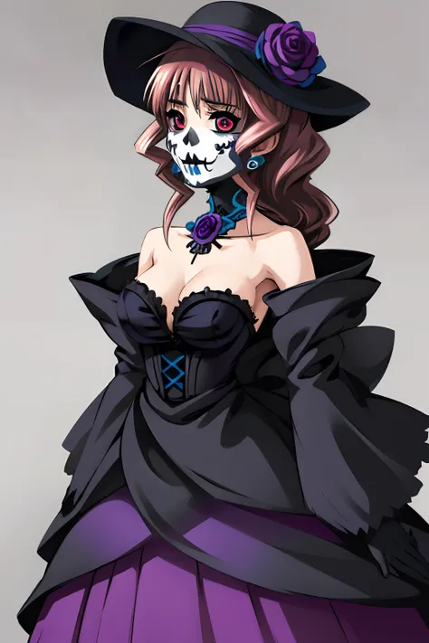 marimo jinguuji vestida como una catrina, anime girl with long purple hair and skull makeup in front of a background, el dia los...