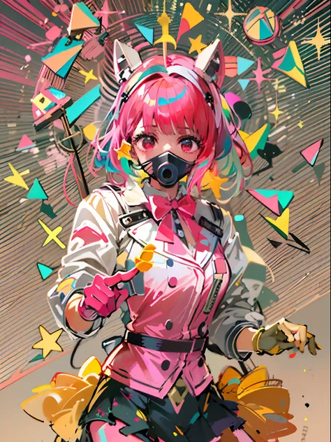 kpop girl with short nice fadecut pink hair, colorful glowing gass mask, lots of shapes attatched everywhere, random shapes mostly triangle, yellow skirt with polcadots, red gloves, and an 2 antena headband