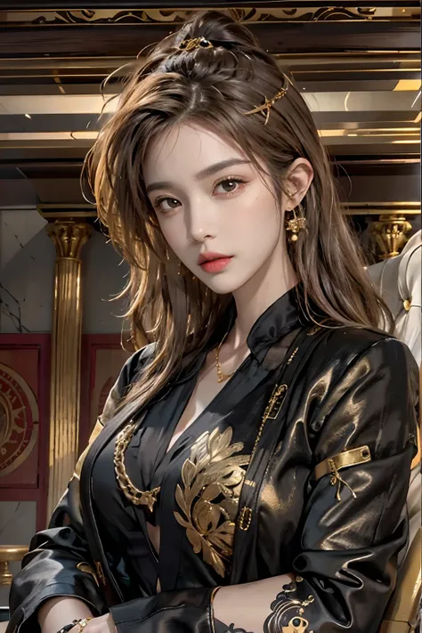 photorealistic, high resolution, 1women, solo, hips up, look at viewer, (detailed face),  gold wavy hair, black suit, mafia, tattoo, jewelry