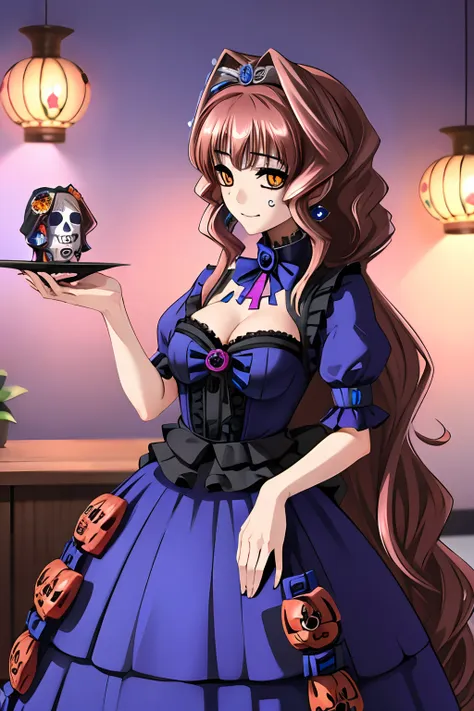 marimo jinguuji vestida como una catrina, anime girl with long purple hair and skull makeup in front of a background, el dia los...