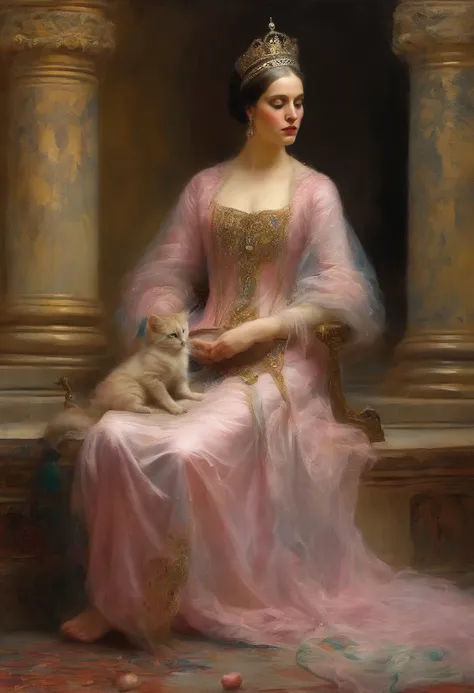 Photographic still of an Islamic princess, translucent skin,veins showing beneath its skin, dark, onimous, extremely gorgeous, cats eye, pale pinkinsh skin, bloodlust, Ottoman Empire Era, forbidden Beauty, walking with her Pet kittens and Peacock in her Is...