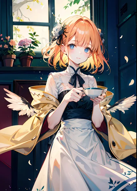 女の子1人、独奏、Medium Hair、piano、pale light blue eyes、doress、robe blanche、dress simple、Orange motif、Light beige hair、Particles of light、A slight smil、Over a cup of tea、Tea Motif Dresses、Holding a teacup、Tilt of the neck、Many petals、beatiful detailed eyes、细致背景、In...