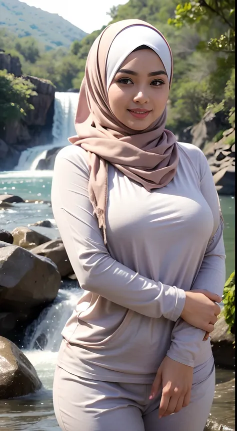 RAW, Best quality, high resolution, masterpiece: 1.3), beautiful Malay woman in hijab (iu:0.8),Best quality, high resolution, Masterpiece: 1.3, Beautiful  hijabi malay girl, Masterpiece, Soft smile,Beautiful Malay women wear pastel color hijab at waterfall...