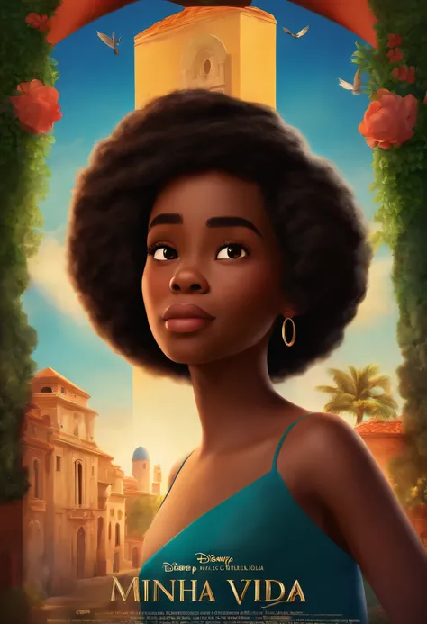 Disney and Pixar Inspired Movie Poster with Title "minha vida". jovem negro de 18 anos , Short French-cut hair with a simple band on the left side...