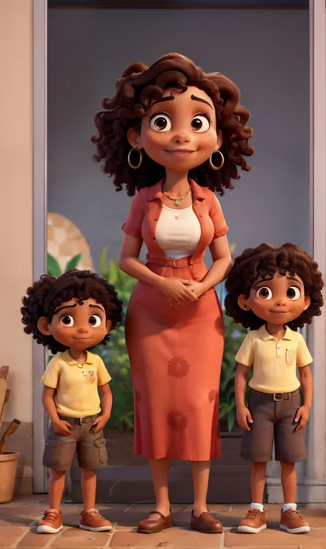 obra-prima, de melhor qualidade, A mother with two children, Mom has curly dark brown hair, olhos castanhos, pele morena clara. Her children look like her and are 3 years apart, his youngest has a slanted eye, their hair is cut very short