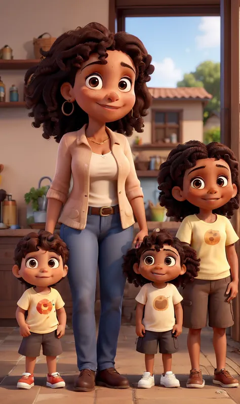 obra-prima, de melhor qualidade, A mother with two children, Mom has curly dark brown hair, olhos castanhos, pele morena clara. Her children look like her and are 3 years apart, his youngest has a slanted eye, their hair is cut very short