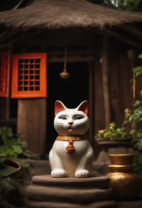 Lucky Cat is located in a circular thatched hut, Ancient Chinese architectural accessories, cerejeiras em flor, Prados, Rochas