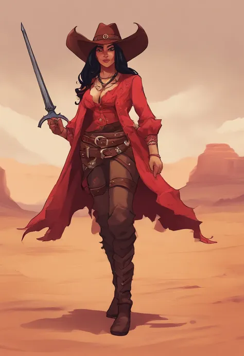 female tiefling devil rpg character with round ram horns and light red skin. wearing gunslinger cowboy outlaw style outfit. sexy cute but fully clothed. dark hair medium length hair holding gun. Setting is in desert old western style