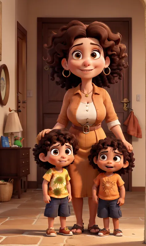 obra-prima, de melhor qualidade, A mother with two children, Mom has curly dark brown hair, olhos castanhos, pele parda. Her children look like her and are 3 years apart, The youngest has a drooping eye, Her hair is cut too short