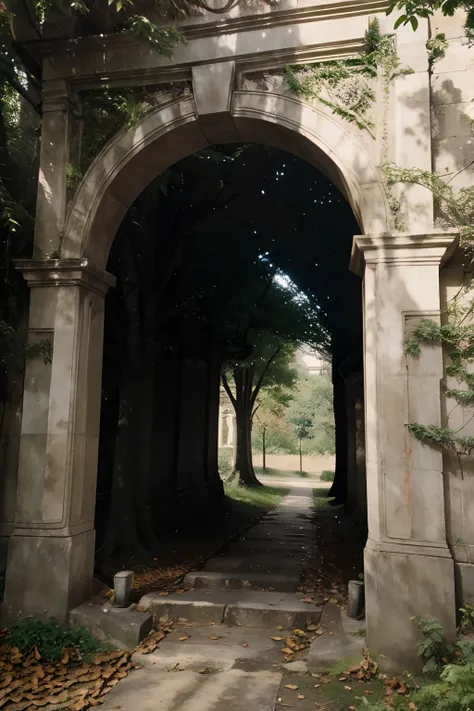 A way that has an arch of trees, it was shedding the cemented , towering with alive branches of leaves