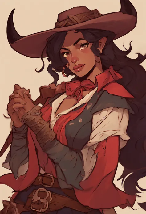 female tiefling dnd round ram horns with light red skin. wearing gunslinger cowboy outlaw style. sexy cute but fully clothed. dark hair medium length hair holding gun