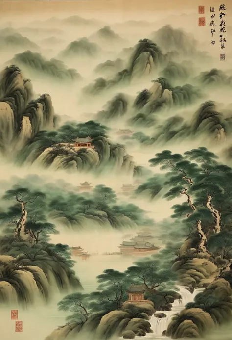 Chinese Painting, Green Landscape, Magnificent, Scripted Landscape, Song Dynasty Scene, Masterpiece, Best Quality, Very Detailed, Superbly Detailed, High Mountains and Flowing Water