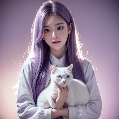 (best quality, highres),1girl,front view,properly dressed,holding a cute small white cat, long purple hair, silver-white clothes, yellow warm lighting background,heartwarming scene