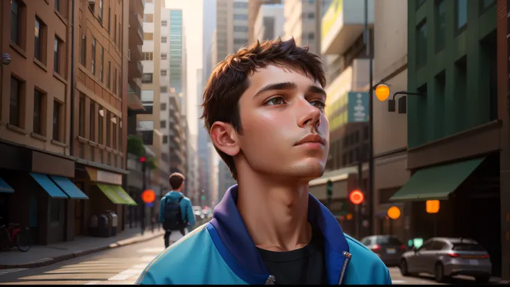 there is a man standing in the middle of a city street, male teenager, looking away from the camera, color photograph portrait 4k, perfectly lit face, high quality portrait, looking away from camera, soft portrait shot 8 k, color portrait, side profile cen...