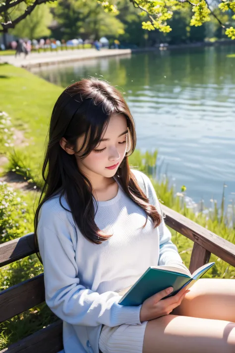 Girl reading a book by the lake, Bright colors, spring, willow branches, where comfort, warm sunlight、highest grade、high-level image quality、A masterpiece of high resolution