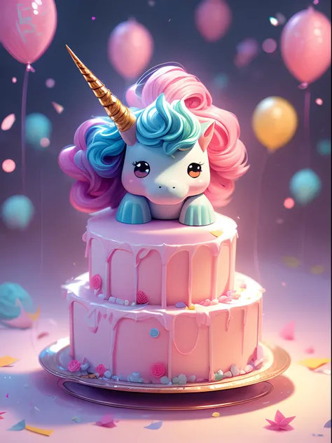 Best quality, 4k wallpaper, Masterpiece, Extremely detailed Cg Unity 8K wallpapers, Fukuko, Unicorn-themed birthday cake, pink and blue color, Game icon, professional, High quality, Super cute, kawaii, 8K, Adorable