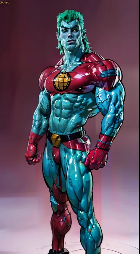 ((masterpiece)), (3d render),captain planet, ((thin jaw)), captain planet, blue face, colored skin, (slendered abs), green hair, masterpiece ,muscular, (veiny biceps:1.1), big arms, chiseled chest, detailed , shiny skin, powerful, godlike