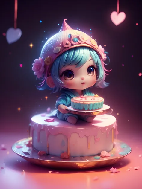 Cute baby chibi anime,(((chibi 3d))) (Best quality)，1 birthday cake，The cake has a colorful cherub sculpture on it，Blessings from angels､Festival background、Heart Mark、happy birthay、