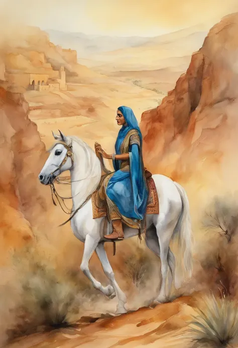 A noble, wonderful and beautiful arabian princess and the old white-bearded vizier ride both on horseback through the mountainous desert