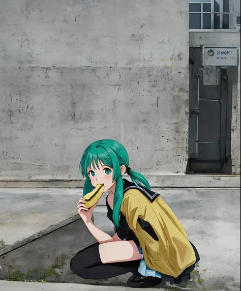 high_quality, very_high_resolution, large_filesize, full_color, best_quality, super_high_res, anime_style, portrait of Lala Manaka, litle elementary school girl, blue-green hair twintails, flat chest, squatting in front spread the legs, eating banana, blac...