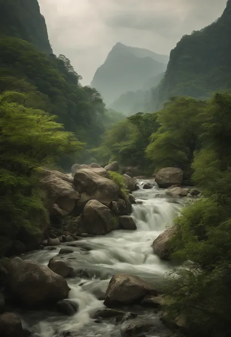 Chinese painting, Green landscape, Magnificent, Scripted landscapes, Song Dynasty scenery, Masterpiece, Best quality, Very detailed, detail-rich, High mountains and flowing water