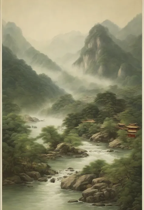 Chinese painting, Green landscape, Magnificent, Scripted landscapes, Song Dynasty scenery, Masterpiece, Best quality, Very detailed, detail-rich, High mountains and flowing water