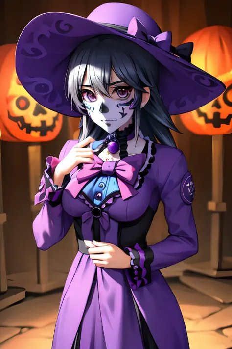 ayamine kei vestida como una catrina, anime girl with long purple hair and skull makeup in front of a background, el dia los mue...