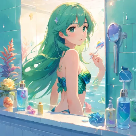 mermaid In the bright bathroom，(In the middle is a mirror:1.4)，(tap:1.2)，toothpaste，toothbrush，Sinks，,Super detail, High details, high qulity