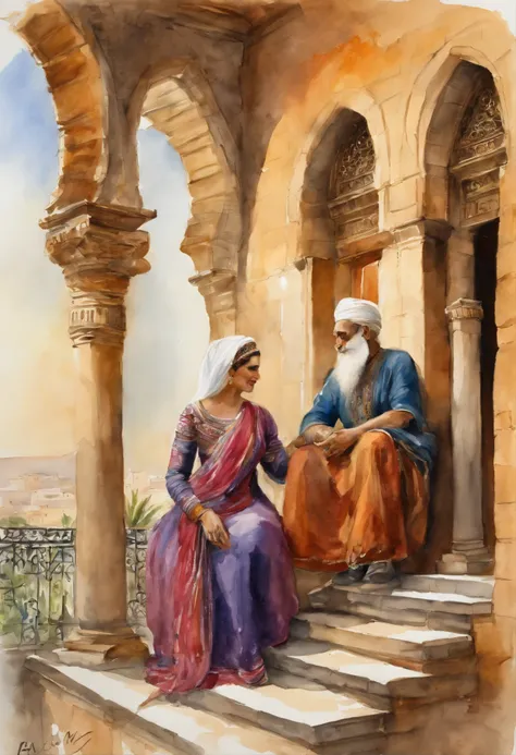 A distinguished, wonderful and beautiful oriental princess and the old white-bearded vizier stand chatting on a veranda in Damascus overlooking the palace of Harun al-Raschid