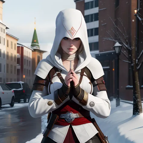 White skinned female with freckles assassin with fingerless gloves is standing in Portland Oregon in the snow around protesters, assassins creed, assassins creed, portrait Altair as white skined female, female assassin, beautiful white skined Russian femal...