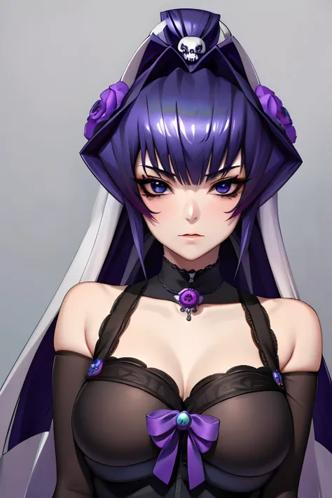 meiya mitsurugi vestida como una catrina, anime girl with long purple hair and skull makeup in front of a background, el dia los...