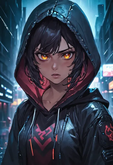 Close-up photos, Confident young cyberpunk woman with dark hair, Inspired by Molina Baccarin,  Wearing a hood, On a rainy street at night, Photorealista, Cinematic lighting