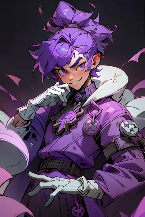 boy with purple cape with bit of white fur on top violet colored royal cloak with white fuzzy lining spotted with dark brown, white gloves, smirk smile rizz, king, mastermind, chess type theme guy