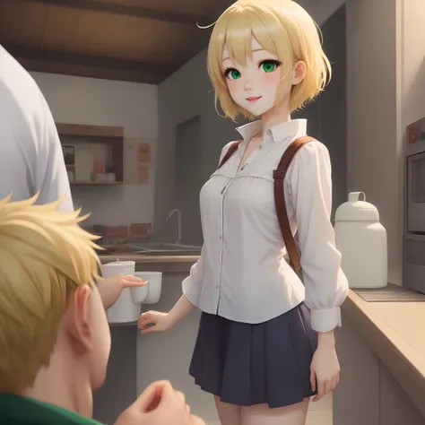 A cute blonde, anime girl with short hair and green eyes flirting with sangwoo